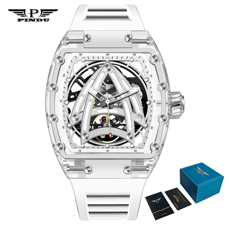 PINDU Designer Hollow Tonneau Mechanical Watch Men Luxury Brand Skeleton Automatic Watches Mens Sport Silicone Wristwatch JH3105