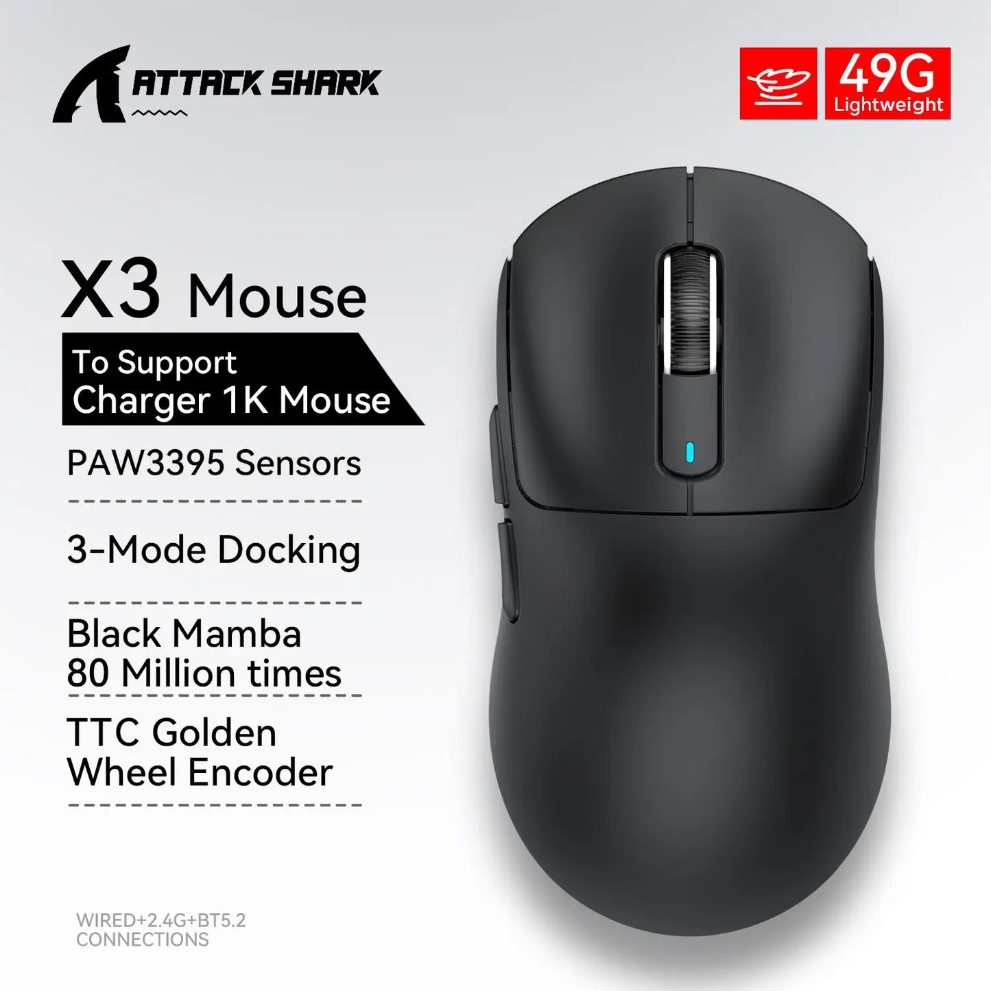 X3 vezeték nélküli gamer egér ATTACK SHARK, piros, 4K válaszidő, Bluetooth hárommódú kapcsolat, PAW3395, makrós Bluetooth gamer egér