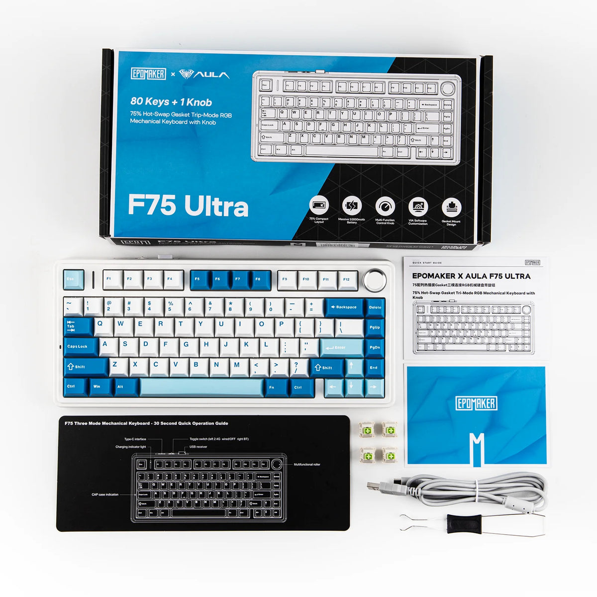 Teclado Mecânico EPOMAKER x AULA F75 Ultra VIA Programável 75% ANSI US QWERTY com Gasket, com Fios/Bluetooth/2.4Ghz Sem Fios