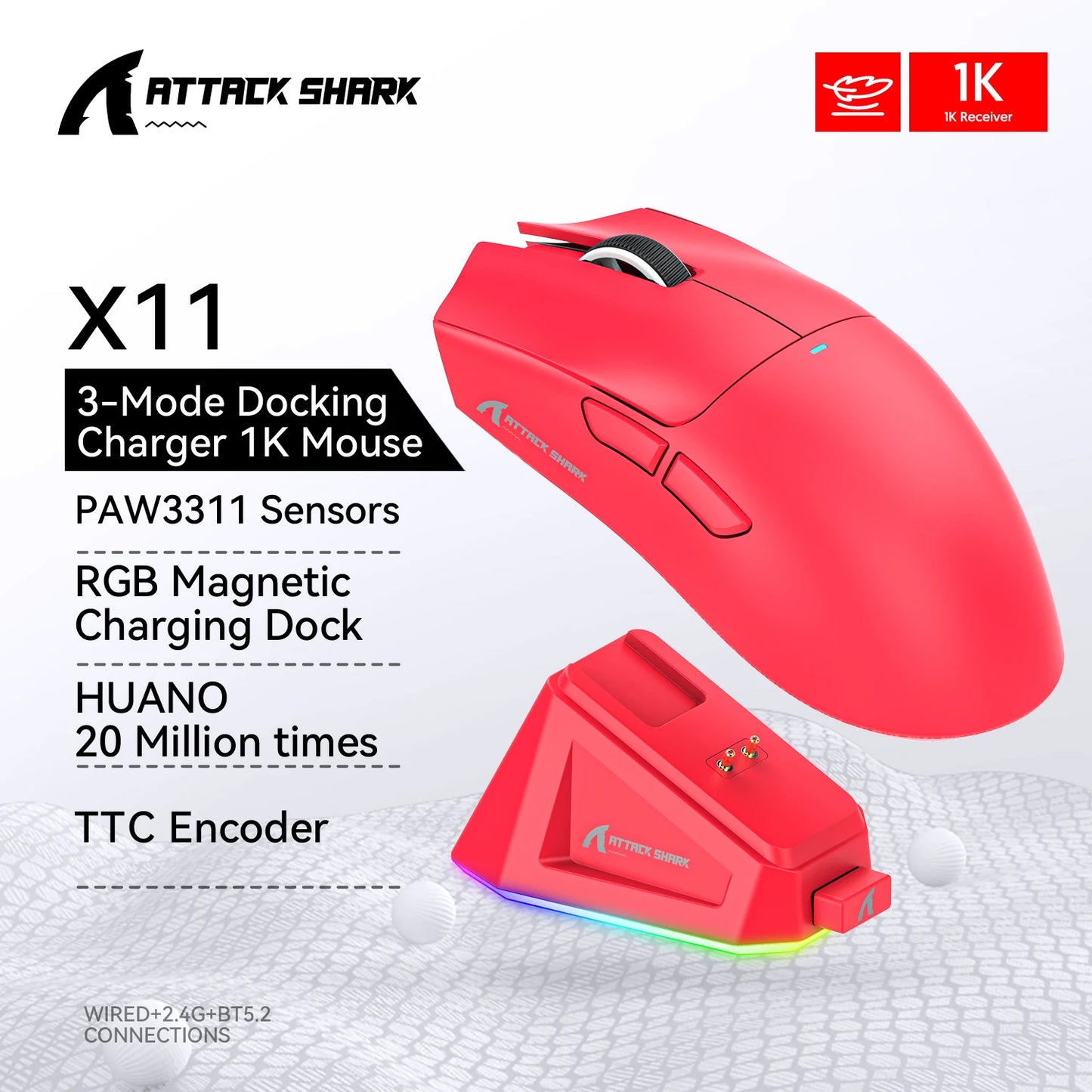 Attack Shark X11&R1 Tri Mode Bluetooth Wireless Mouse With Charger Base RGB Ergonomics Mice Lightweight PC Gamer Accessories