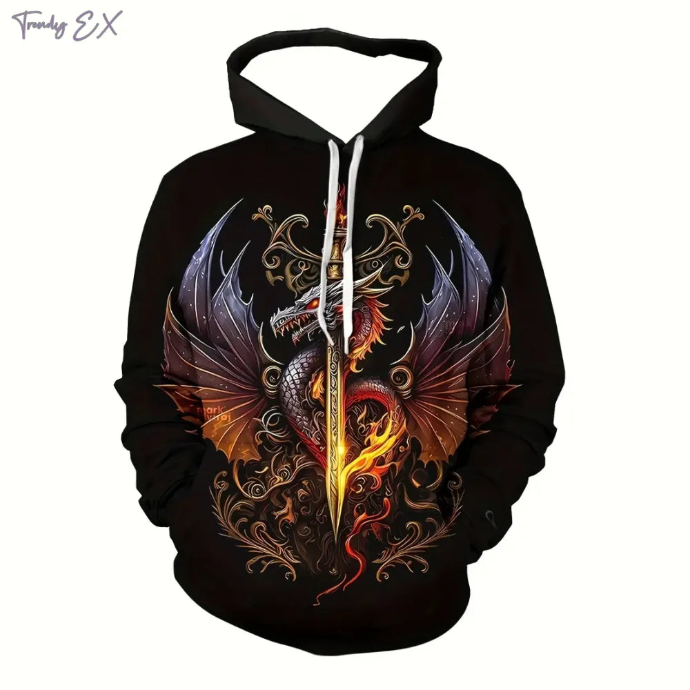 Neues 3D-Sweatshirt mit lila Flammendrachen-Grafik, Kordelzug, Pullover-Kapuze, Harajuku-Stil, Kängurutasche und langen Ärmeln für Herren