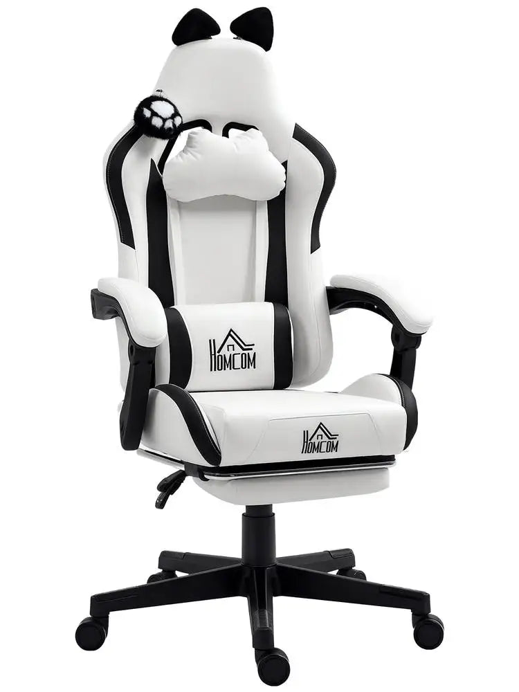 Cute Cat Shaped Gaming Chair with Removable Cat Ears and Paws, Retractable Footrest, Lumbar Head Support, 360° Swivel Gamer Chair
