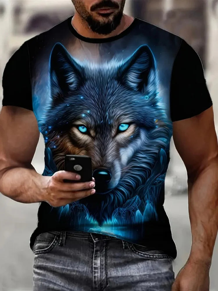 Men 3D Pattern Fire Wolf Graphic Print T-Shirt Summer Oversized Causal T-Shiet Men's Fashion Fitness Short Sleeve Clothing Tops