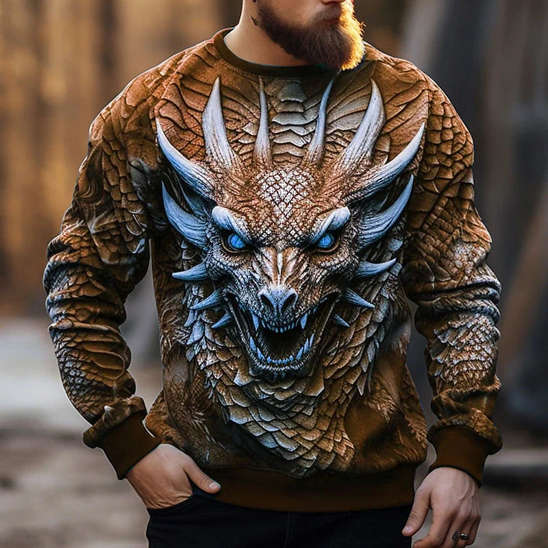 Huvtröja för herr med kinesiskt draktryck – moderiktig sweatshirt med 3D-drakmönster, hiphop, oversized pullover för herr, Monster Golf