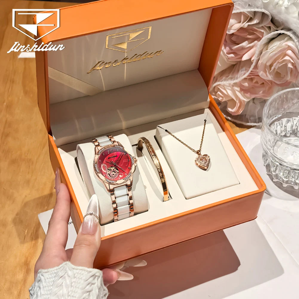 JSDUN 8820 Women Watches Mechanical Watch Luxury Elegant Original Watch Ceramics Strap Waterproof Luminous Ladies Watch Gift Box