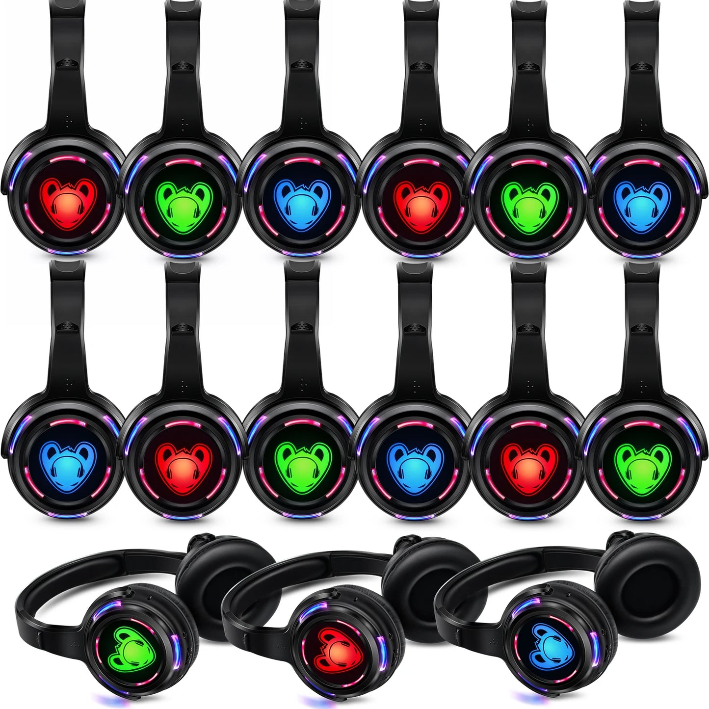 Auscultadores sem fios Silent Disco RF LED DJ Party 863–865MHz/915MHz com iluminação LED de 3 canais e bateria de 10H