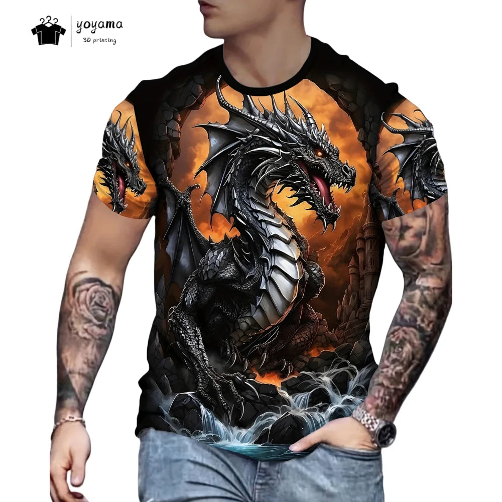 T-shirts för herr med drakmönster, kortärmad T-shirt, trendig streetwear-topp med O-ringning, djurmönster i 3D-tryck, lös och mångsidig herrklädsel