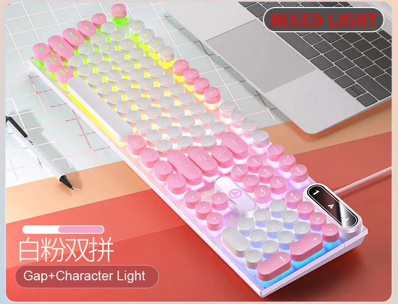 K500 Pink Keyboard Gaming-Tastatur in gemischten Farben mit weiß-rosa Tastenkappen, 104 Tasten, kabelgebunden, für Laptop und PC