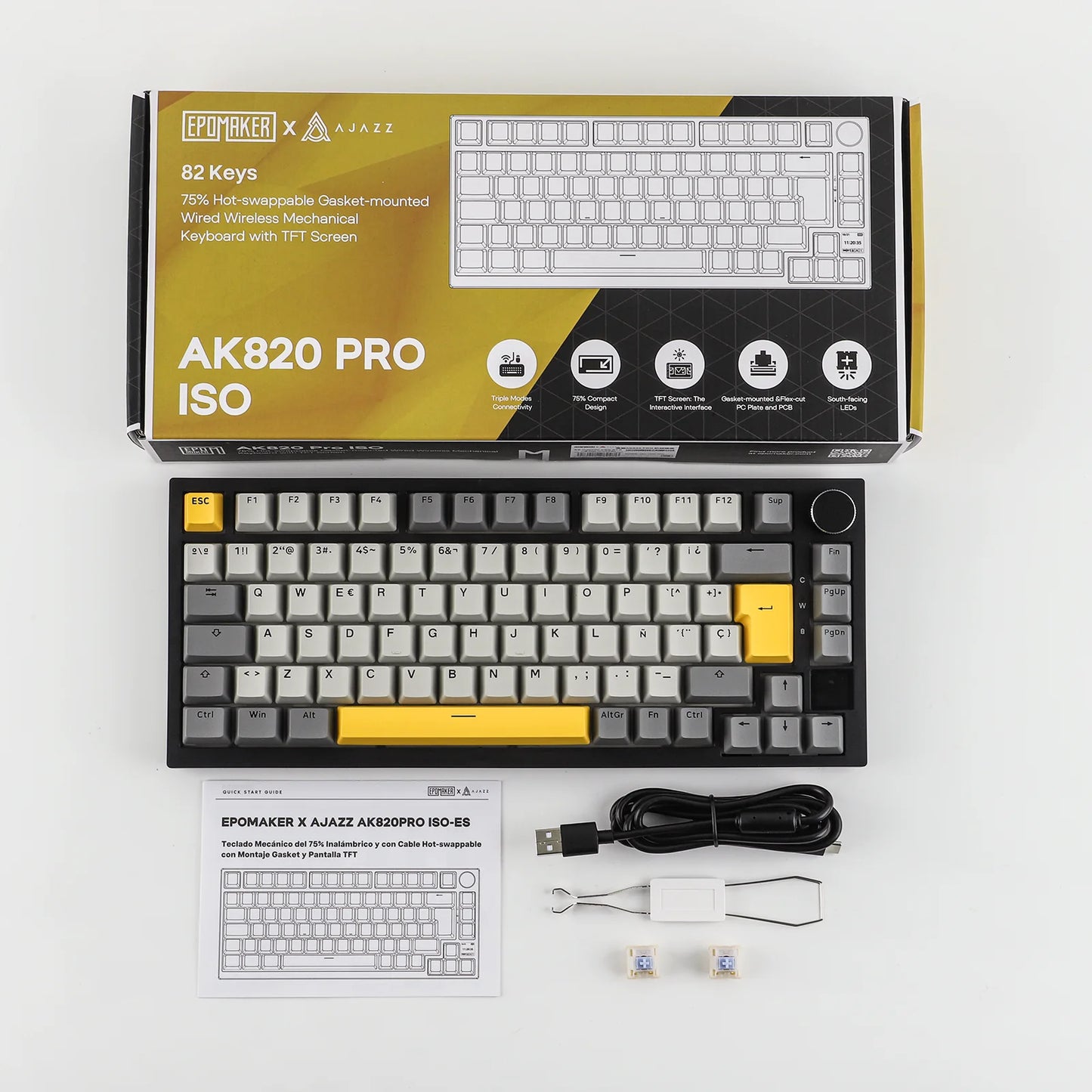 ISO-ES-Layout EPOMAKER X AJAZZ AK820 PRO 75% Spanisches Layout Kabelgebundene/2.4GHz/BT mechanische Tastatur mit Display & Drehregler für PC/Mac