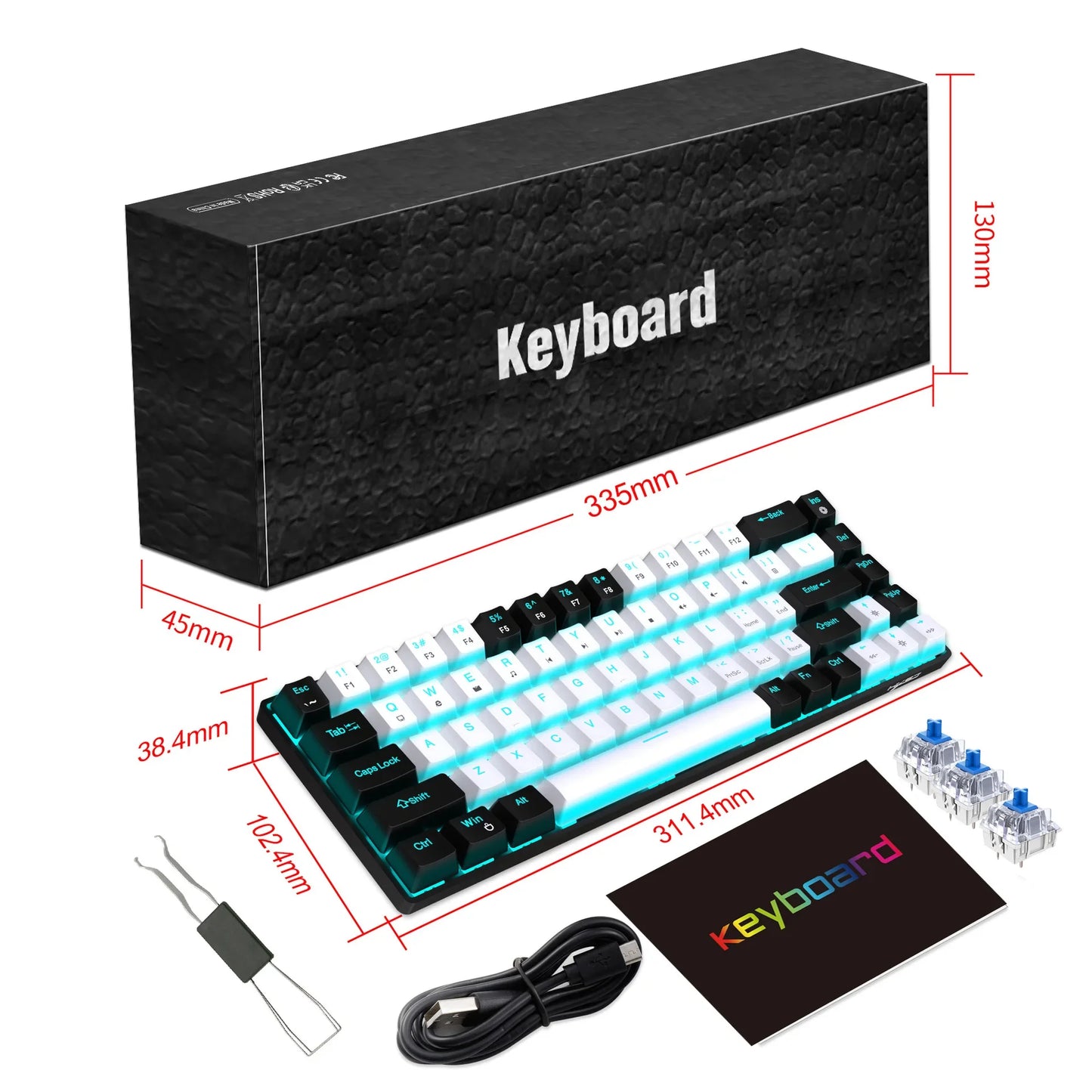 Tastiera meccanica gaming 60% USB con tasti bianchi, mini tastiera gamer ergonomica per computer, retroilluminata, tastiera PC per musica