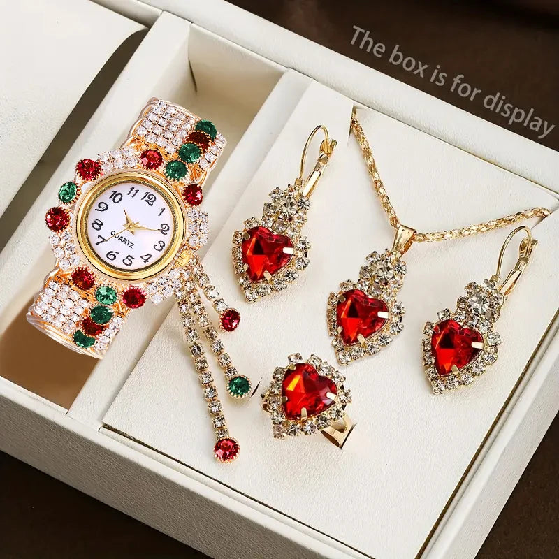 5PCS Luxury Rhinestone Women Watches Jewelry Set Fashion Adjustable Bangle Ladies Quartz Wristwatch Reloj Mujer(Without Box)