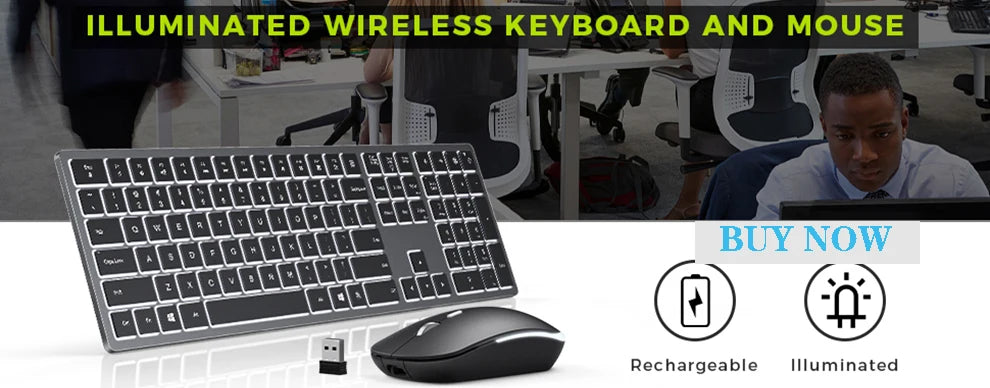 Combo de teclado y ratón inalámbricos con retroiluminación RGB, letras iluminadas recargables, tamaño completo, ergonómico, modo de suspensión, 2.4GHz