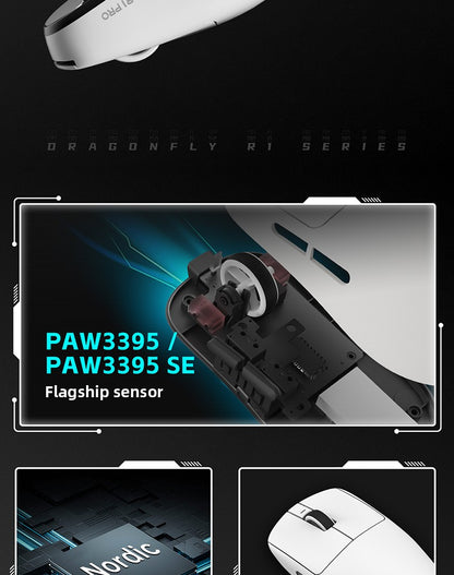Mouse gaming ergonomic wireless VXE Dragonfly R1 ușor, senzor PAW3395, trei moduri, latență redusă, pentru PC, jucători, birou, cadou