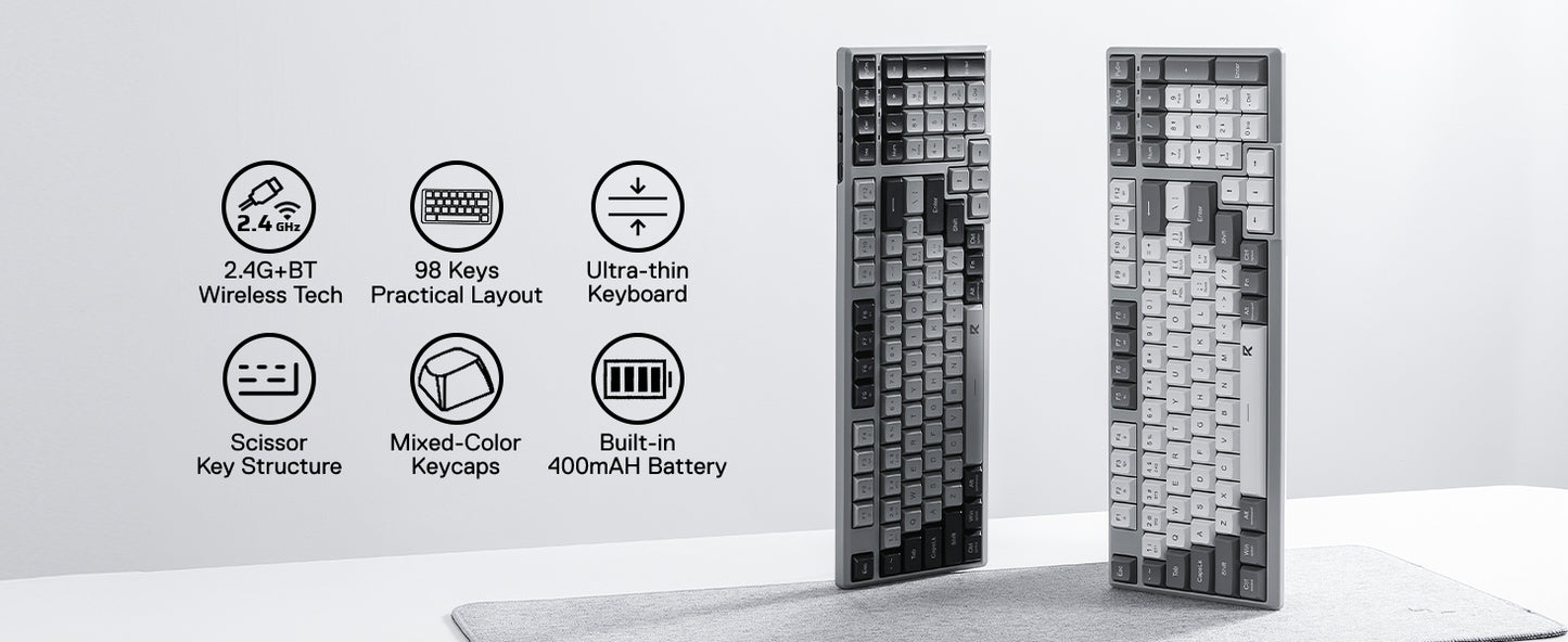 Redragon BK7114 Low-Profile 2.4G BT Wireless Computer 98 Keys Slim Office PC Scissors Mechanism Tactile Quiet Keystroke Keyboard