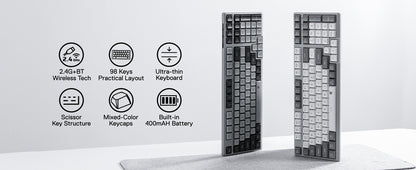 Redragon BK7114 Low-Profile 2.4G BT Wireless Computer 98 Keys Slim Office PC Scissors Mechanism Tactile Quiet Keystroke Keyboard