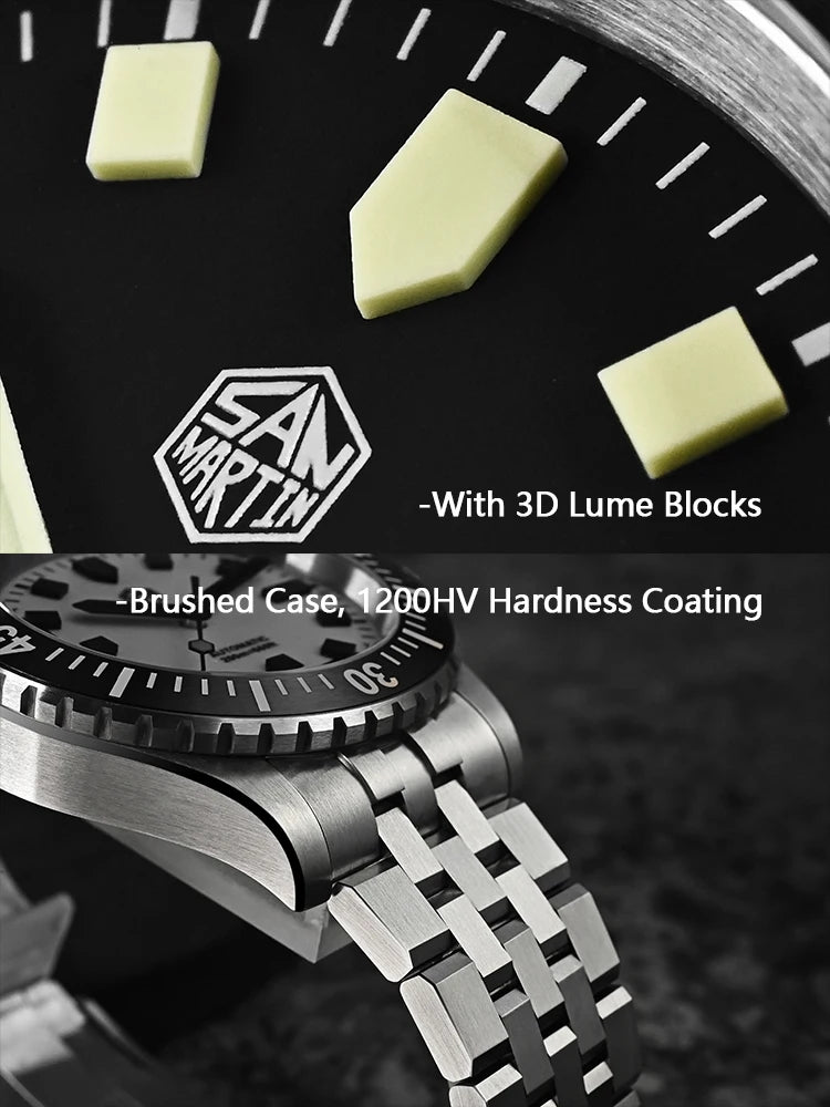 San Martin 1200HV Hardening Coating Men Diver Watch Full Luminous Dial Lumed Blocks ST2130 Automatic Mechanical Toolwatch SN0012