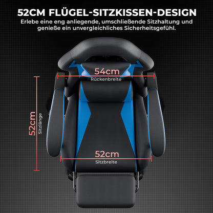 Black & Blue PU Leather Gaming Chair with Footrest, Ergonomic Racing Style Gaming Chair, Height Adjustable Swivel Office Chair with Lumbar Support & Headrest
