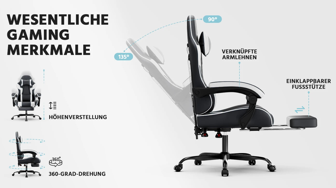 Black & White Gaming Chair, Ergonomic PU Leather Computer Chair with Footrest, Adjustable Swivel Office Chair with Lumbar Support & Headrest, Breathable High-Back Chair for Gaming & Work