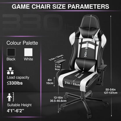 Gaming chair, PU leather adjustable in multiple directions, with lumbar support and headrest, ergonomic, black and white