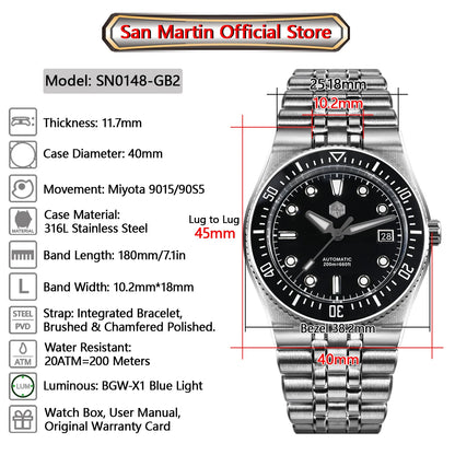 San Martin 37.5mm 40mm Classic Simple Dial Men Diver Watch Miyota 9015 Luxury Automatic Mechanical Watch Waterproof 200m SN0148