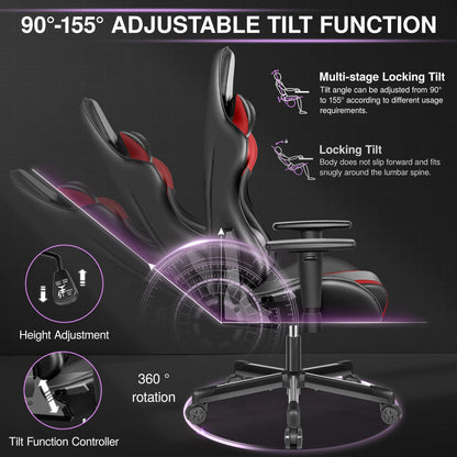 Gaming Chair, Ergonomic, PU Leather, Adjustable Armrests, Waterproof, Max 150kg, Black/Red