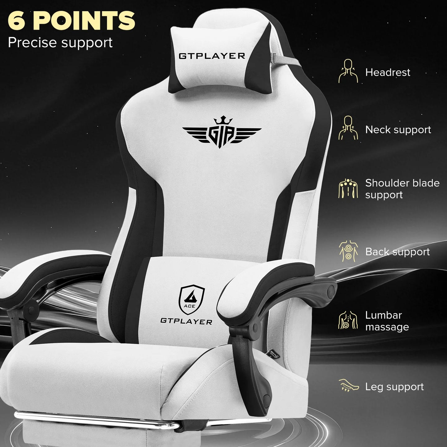 GTPLAYER Gaming Chair Ergonomic Fabric Gamer Chair with Lumbar Support, Adjustable Reclining PC Gaming Chair with Footrest and Widened Backrest