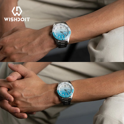 WISHDOIT Men's Automatic Dive Watch With Ocean Blue And White Ripple Dial 8215 Movement Sapphire Glass Mirror