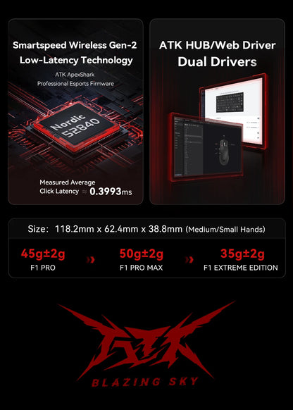 ATK BlazingSky F1 Extreme безжична геймърска мишка PAW3950 Ultra Dual-Mode 8000Hz 35g лека e-sports FPS мишка