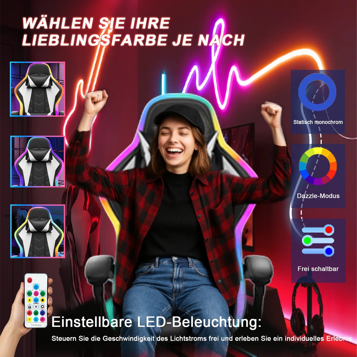 HOMALL LED Gaming Chair Ergonomic Computer Chair with Footrest, RGB Lights, Lumbar Support, Headrest, Reclining Office Desk Chair