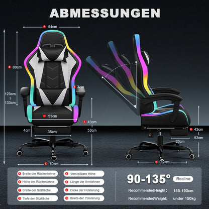 HOMALL LED Gaming Chair Ergonomic Computer Chair with Footrest, RGB Lights, Lumbar Support, Headrest, Reclining Office Desk Chair