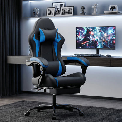 Black & Blue PU Leather Gaming Chair with Footrest, Ergonomic Racing Style Gaming Chair, Height Adjustable Swivel Office Chair with Lumbar Support & Headrest