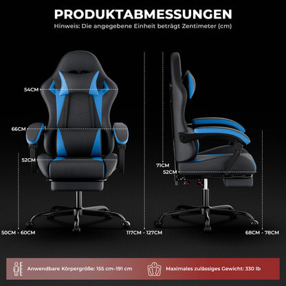 Black & Blue PU Leather Gaming Chair with Footrest, Ergonomic Racing Style Gaming Chair, Height Adjustable Swivel Office Chair with Lumbar Support & Headrest