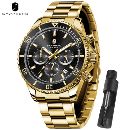 SAPPHERO Men’s Quartz Watch Luxury Chronograph Sport Wristwatch Stainless Steel Waterproof 50M Date Luminous Business Watch