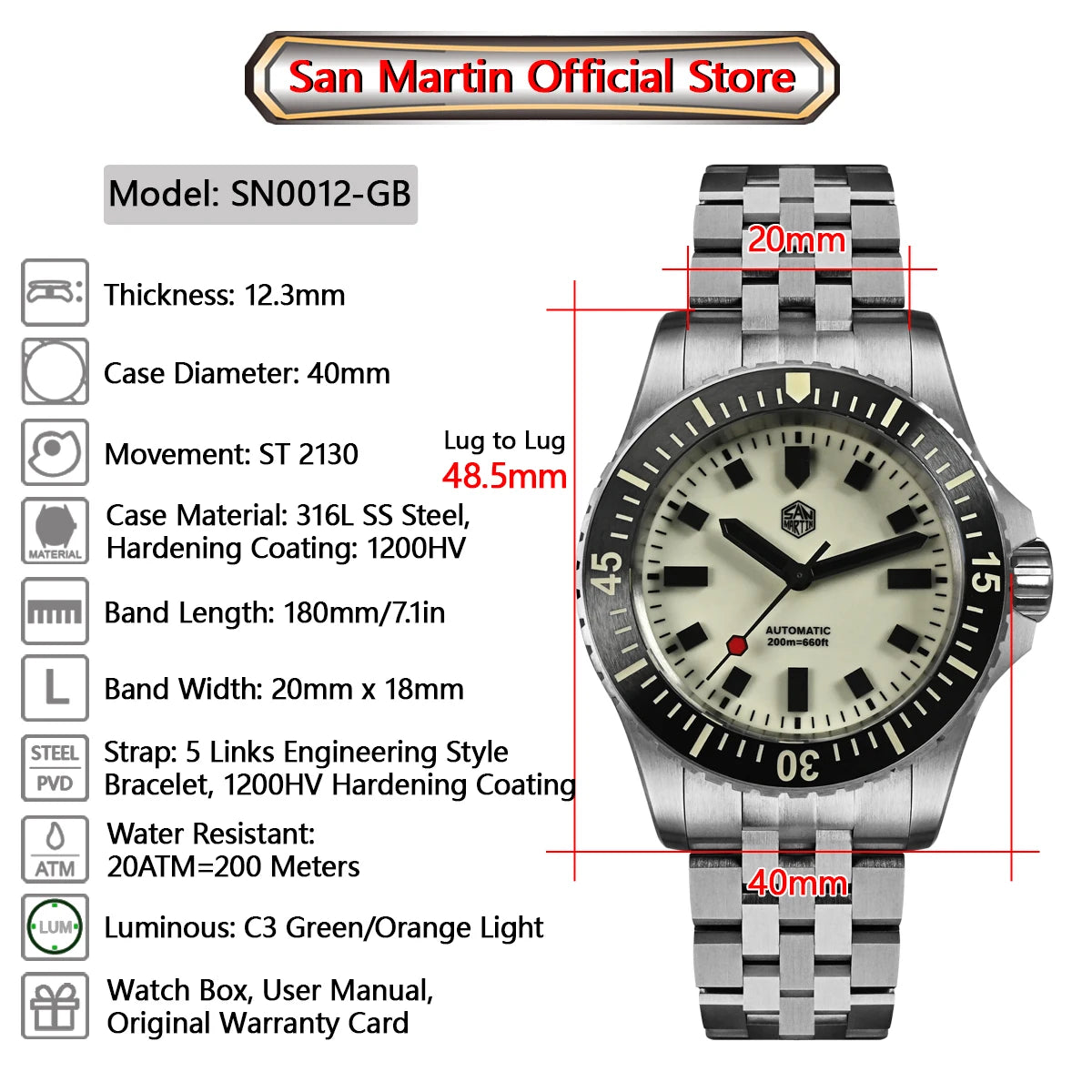 San Martin 1200HV Hardening Coating Men Diver Watch Full Luminous Dial Lumed Blocks ST2130 Automatic Mechanical Toolwatch SN0012