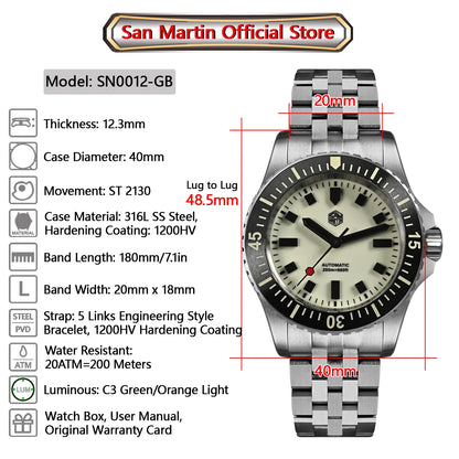 San Martin 1200HV Hardening Coating Men Diver Watch Full Luminous Dial Lumed Blocks ST2130 Automatic Mechanical Toolwatch SN0012
