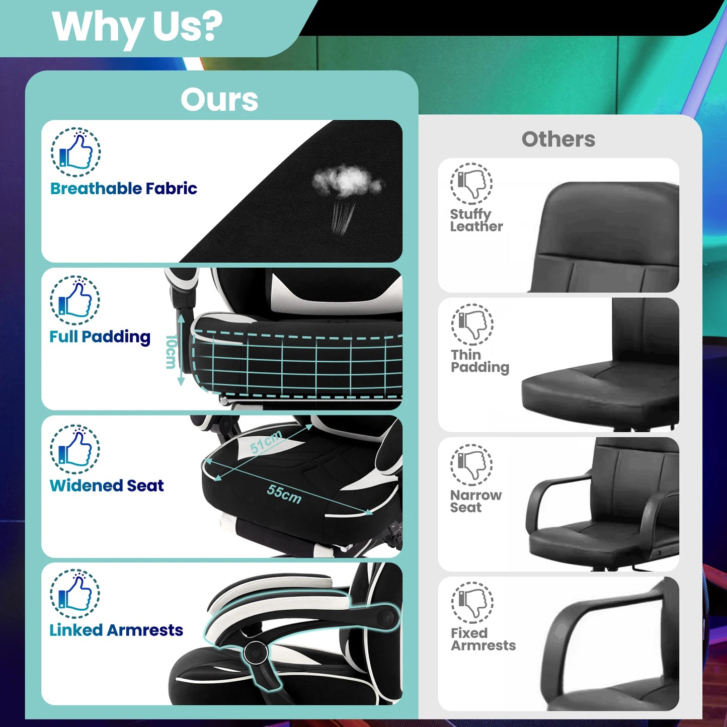 WOLTU Executive Office Chair Breathable Gaming Chair Ergonomic Gamer Computer Chair with Lumbar Cushion Headrest Footrest
