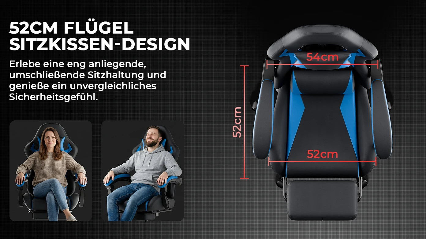 Black & Blue PU Leather Gaming Chair with Footrest, Ergonomic Racing Style Gaming Chair, Height Adjustable Swivel Office Chair with Lumbar Support & Headrest