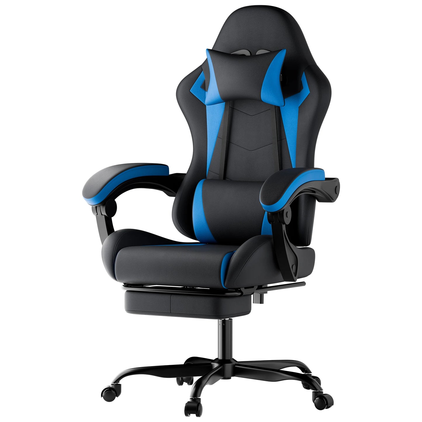 Black & Blue PU Leather Gaming Chair with Footrest, Ergonomic Racing Style Gaming Chair, Height Adjustable Swivel Office Chair with Lumbar Support & Headrest