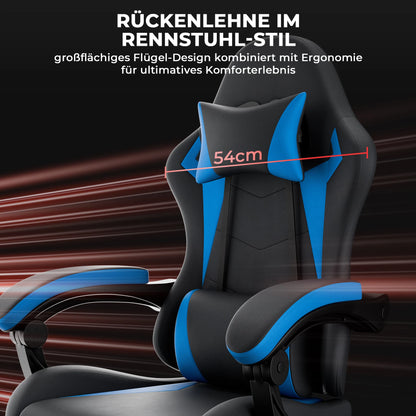 Black & Blue PU Leather Gaming Chair with Footrest, Ergonomic Racing Style Gaming Chair, Height Adjustable Swivel Office Chair with Lumbar Support & Headrest