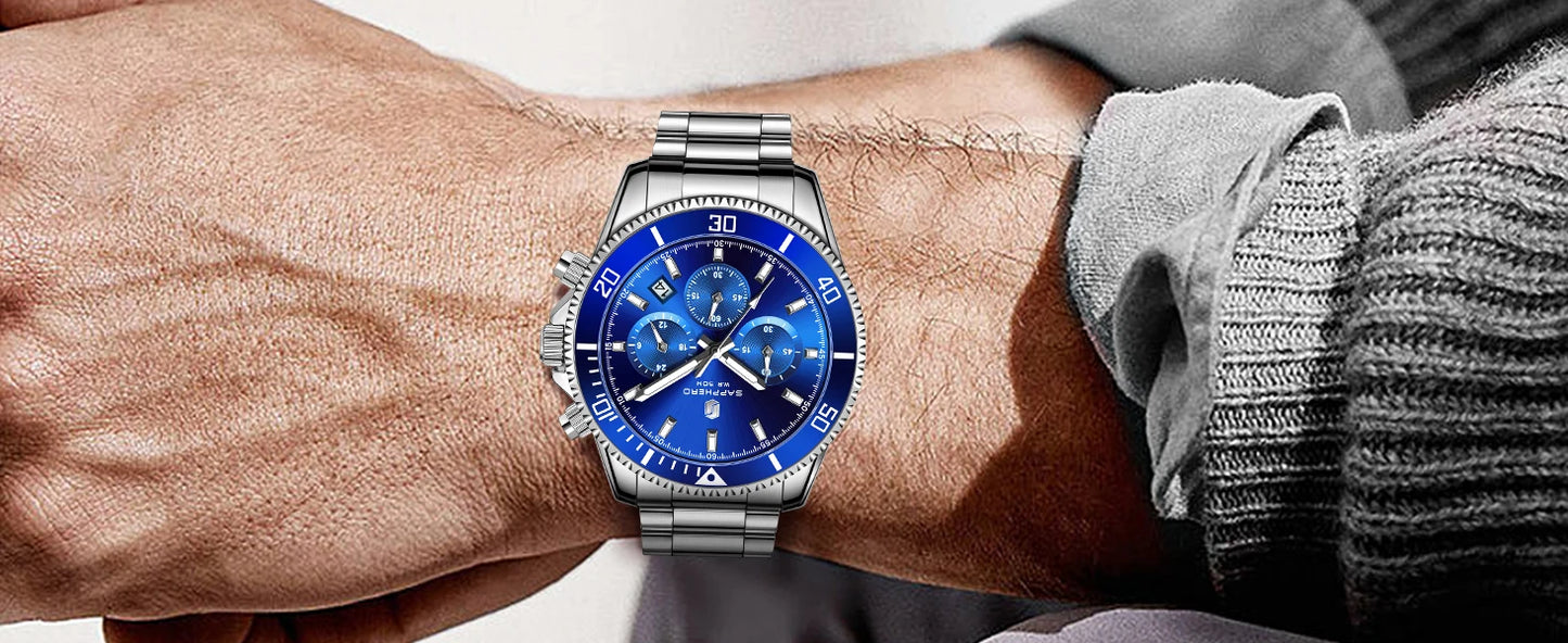 SAPPHERO Men’s Quartz Watch Luxury Chronograph Sport Wristwatch Stainless Steel Waterproof 50M Date Luminous Business Watch