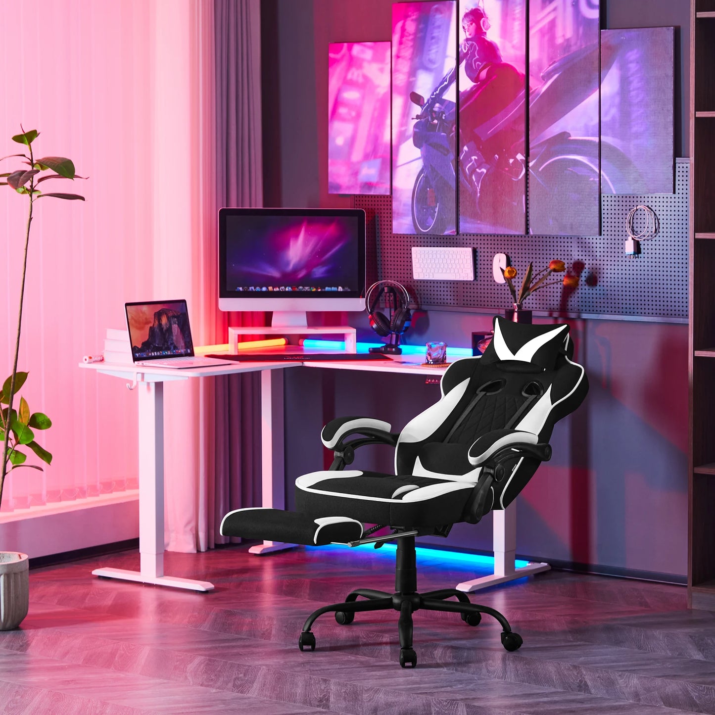 WOLTU Swivel Gaming Chair with Pocket Spring Cushion Ergonomic Office Chair Wide Seat Footrest Rotatable Computer Armchair
