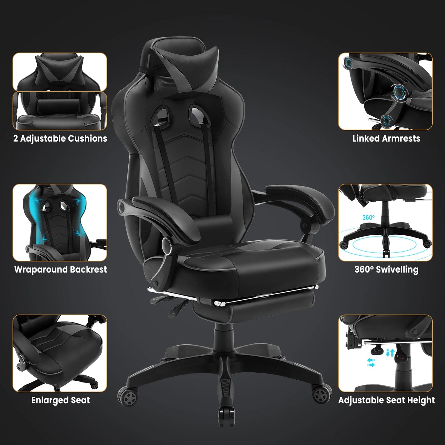 WOLTU Gaming Racing Chair Ergonomic Swivel Computer Chair with Footrest, Lumbar Support, Headrest, Adjustable Gamer Office Chair
