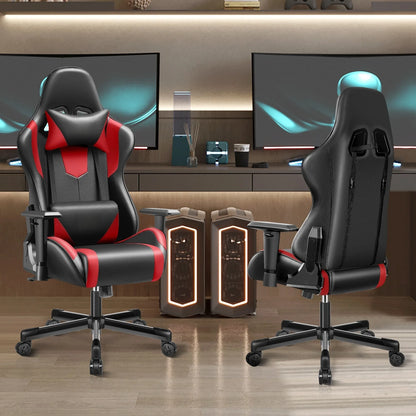 Gaming chair multi-directional adjustable PU leather ergonomic lumbar support Headrest Black Red