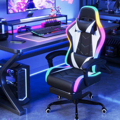 HOMALL LED Gaming Chair Ergonomic Computer Chair with Footrest, RGB Lights, Lumbar Support, Headrest, Reclining Office Desk Chair