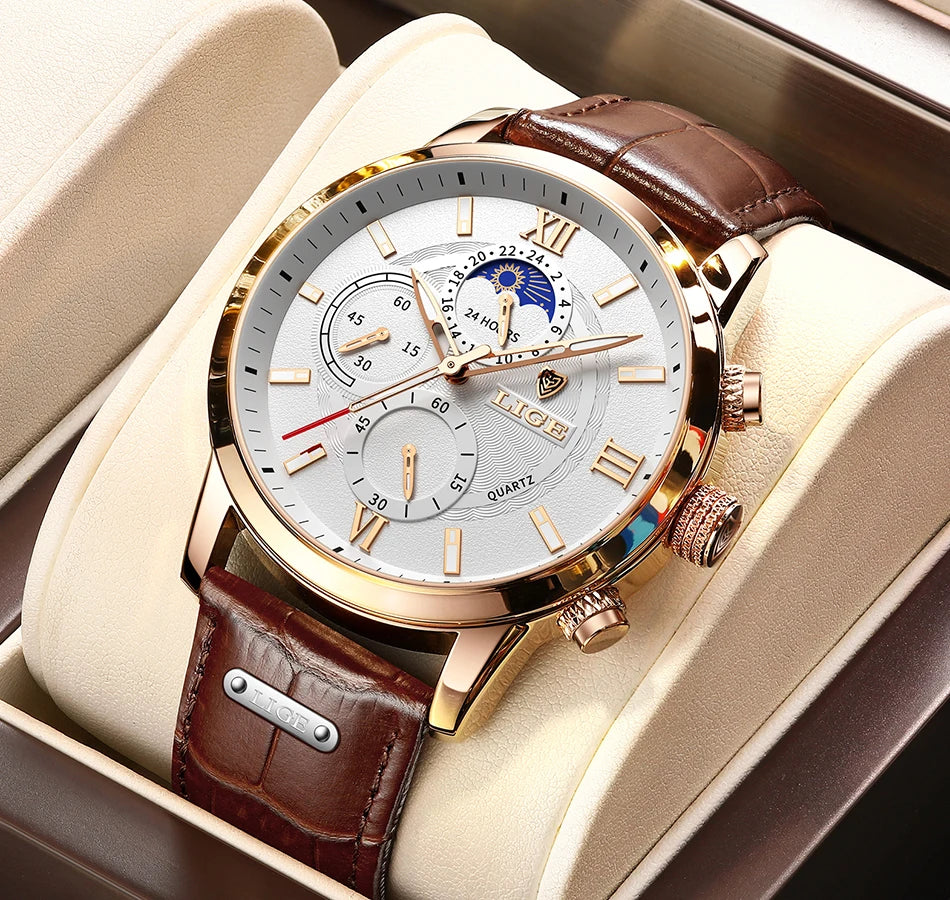 2025 New Mens Watches LIGE Top Brand Luxury Leather Casual Quartz Watch Men's Sport Waterproof Clock Watch Relogio Masculino+Box