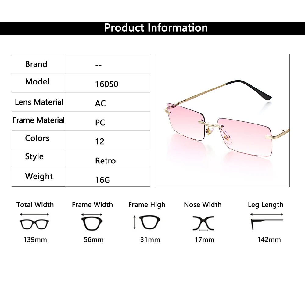 1PC Trendy Fashion Rimless Small Rectangle Sunglasses Women Men 2023 Shades Alloy Metal Glasses Traveling Style UV400 Eyewear