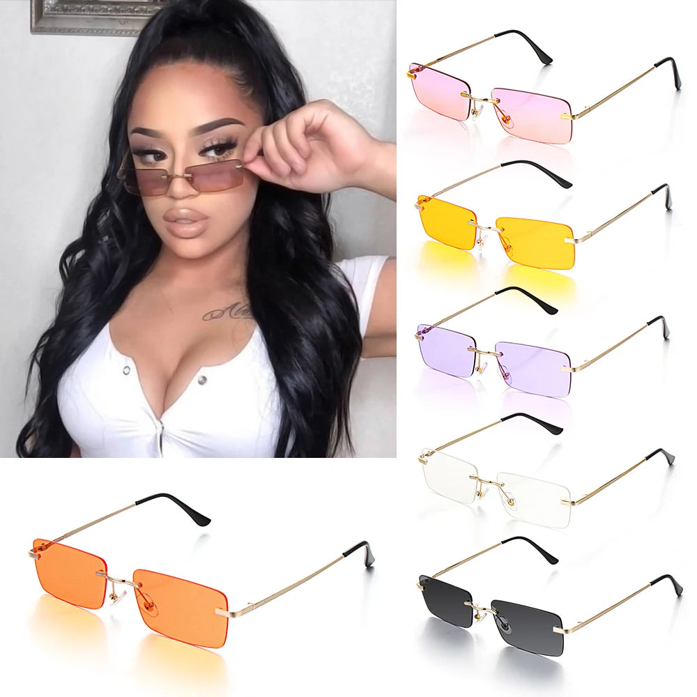 1PC Trendy Fashion Rimless Small Rectangle Sunglasses Women Men 2023 Shades Alloy Metal Glasses Traveling Style UV400 Eyewear