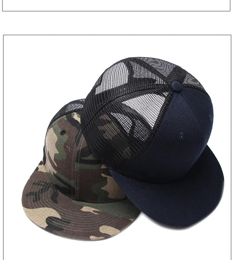 Adult Solid Color Flat Brim Mesh Snapback Cap Men Woman Hiphop Plain Baseball Hat  55-60cm