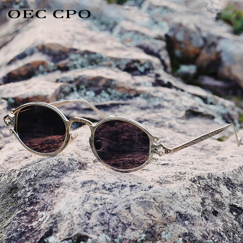sluneční brýle pro muže ve stylu Cateye, street shoot, retro, steampunk, gotické, oválné, s kovovou obrubou a vyřezávaným vzorem, Gafas sol mujer
