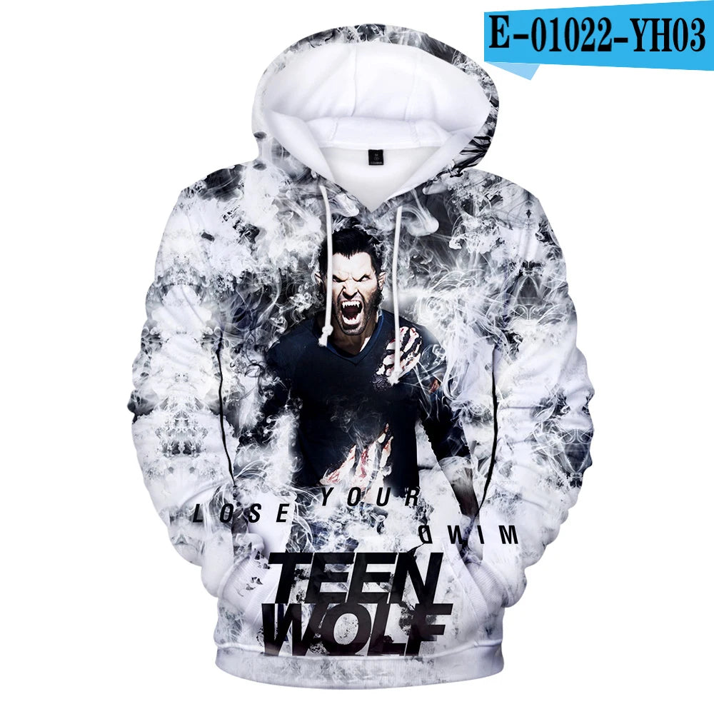 Naujo TV serialo TEEN WOLF 3D rašto džemperiai su gobtuvu vyrams ir moterims, Harajuku stiliaus rudens vaikiški gatvės mados puloveriai, hiphopo džemperis su gobtuvu